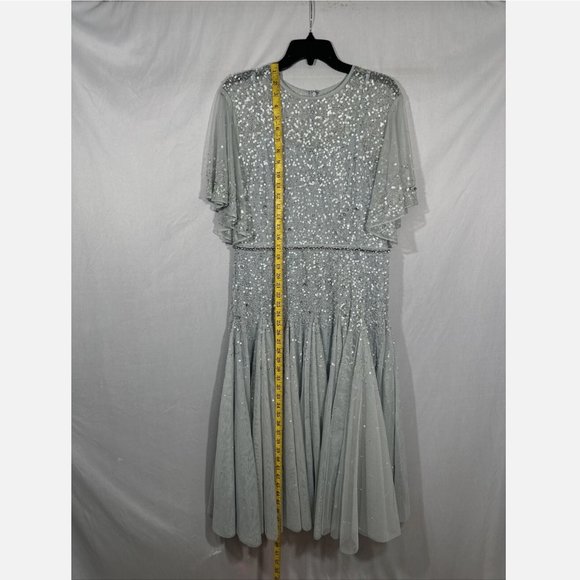 NWT $598 Mac Duggal [ 14 ] Cape Sleeve Beaded Tea A-Line Dress Powder Blue‎ - Picture 6 of 16